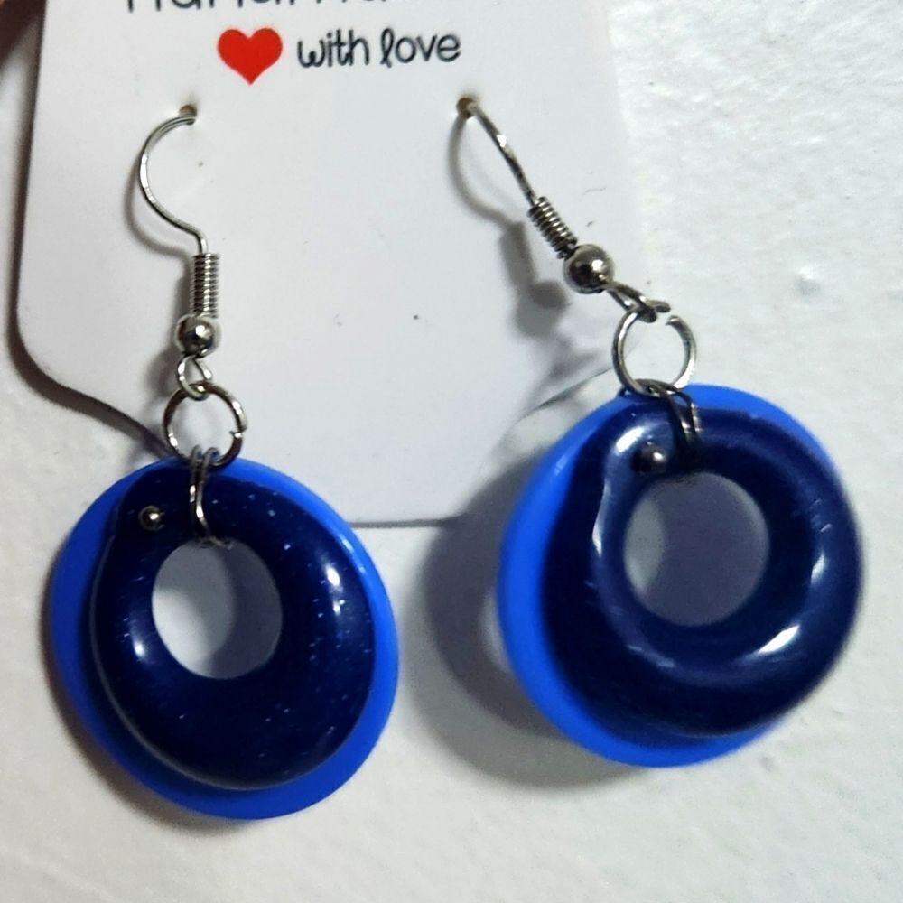 Upcycled handmade circular blue hoops retro earrings w silver hooks